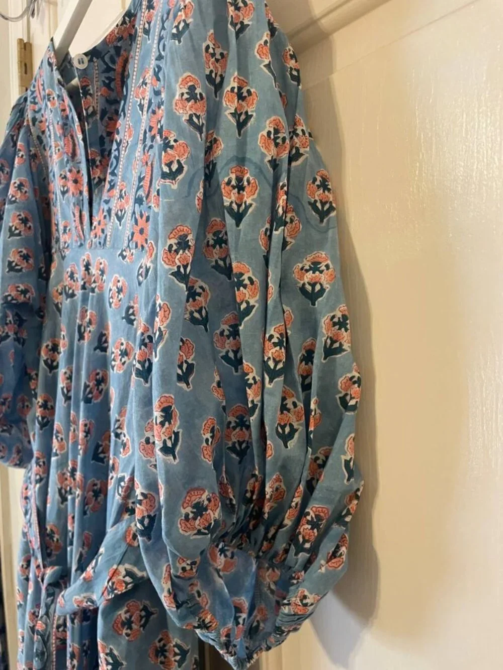 Marea Cotton blue floral Print Baloon Sleeve House dress Maxi Dress Sz 3 large - Picture 4 of 8